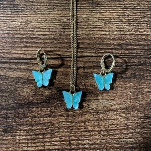 Blue butterfly earrings and necklace set